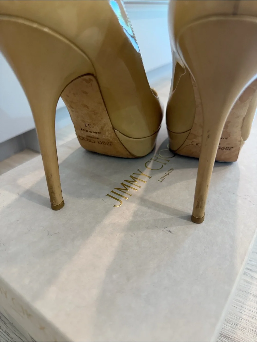 Jimmy Choo Beige Patent Leather Platform Pumps